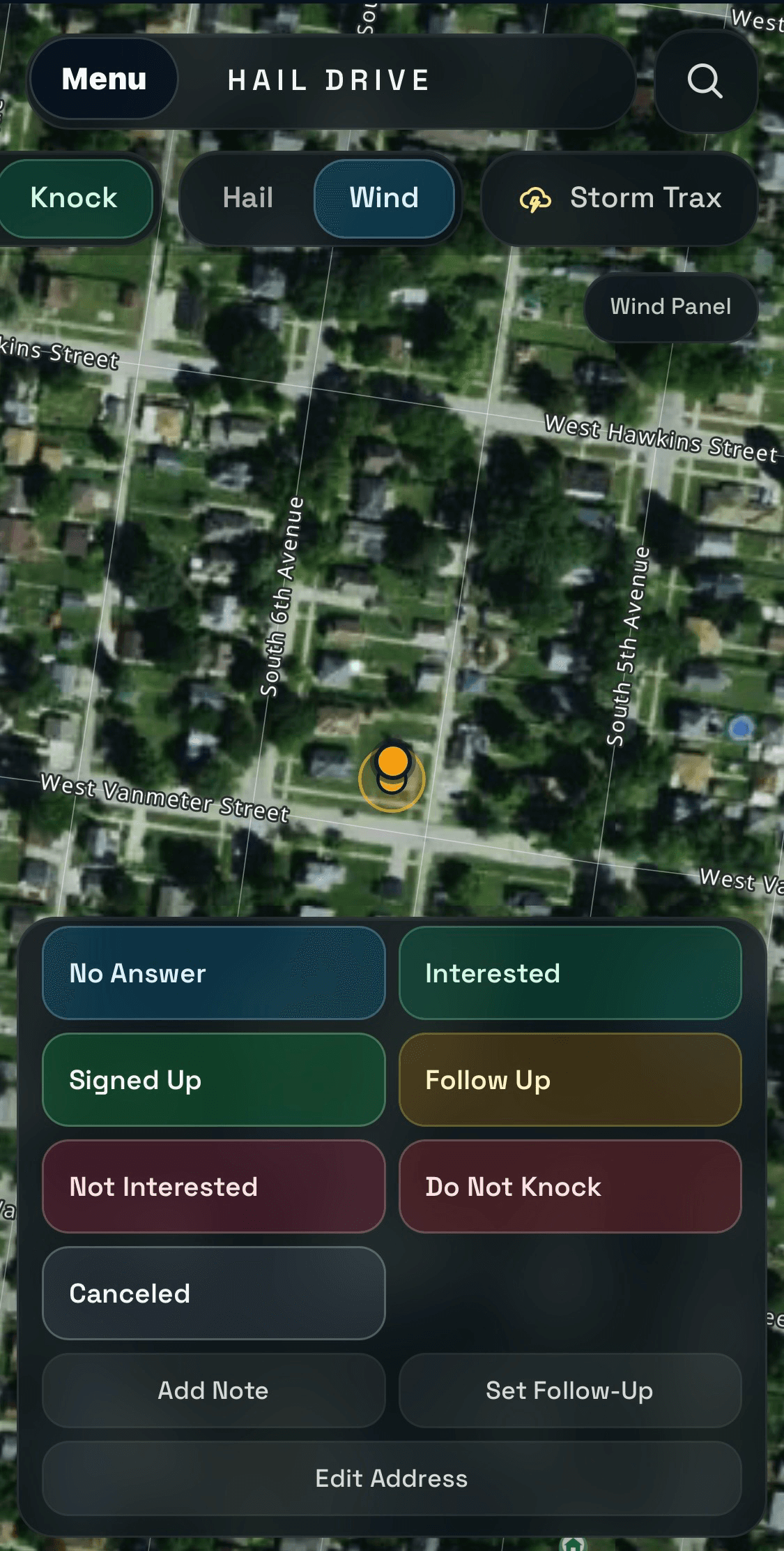 Hail Drive Knock Mode showing neighborhood door stats, logged results, follow-ups, and signups