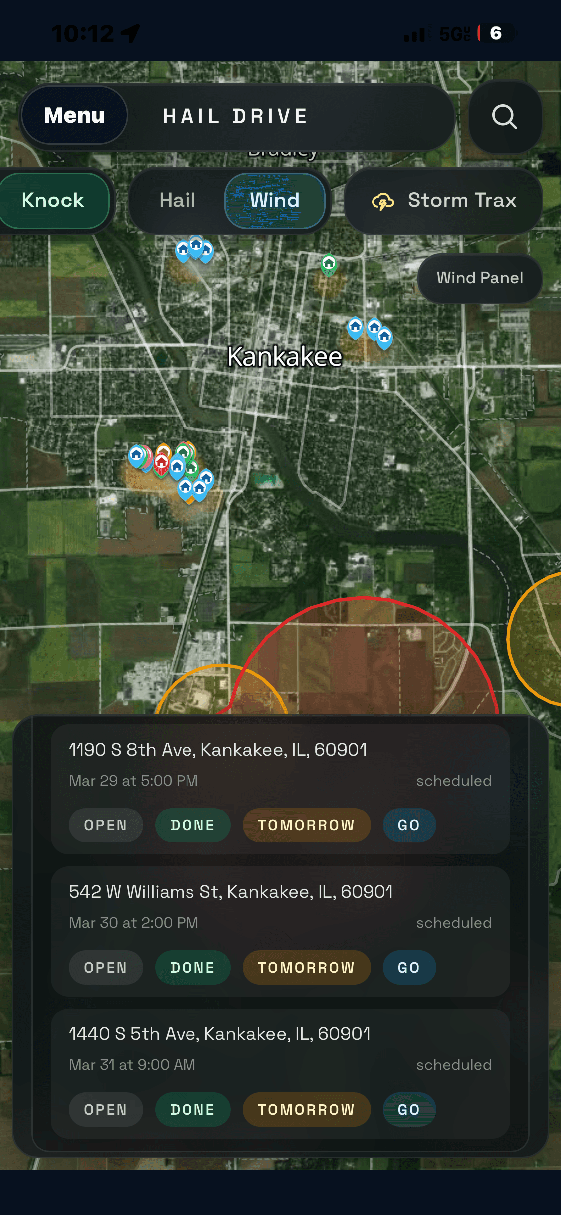 Hail Drive Knock Mode summary stats showing field workflow structure, results, follow-ups, and signups