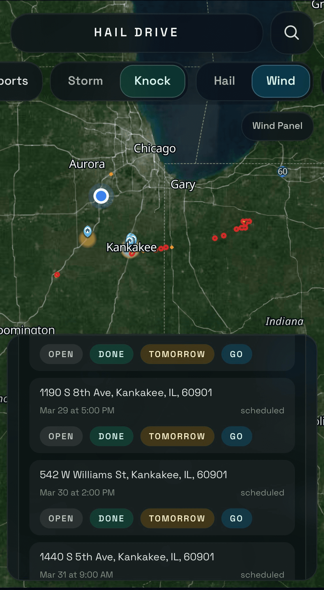 Hail Drive Knock Mode map with open, done, tomorrow, and go statuses visible