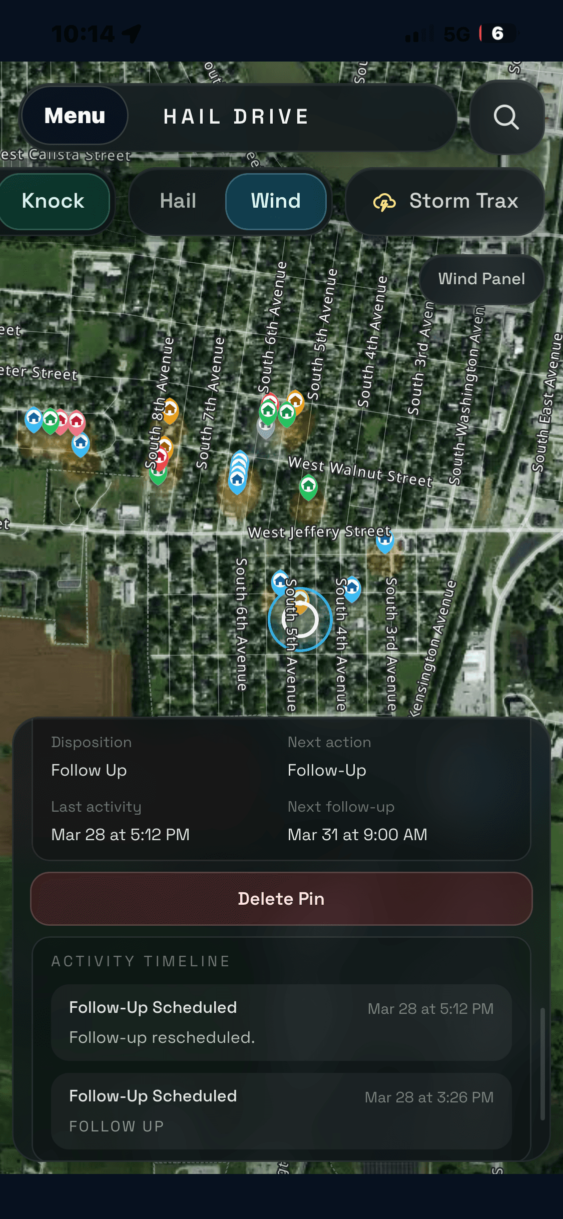 Hail Drive Knock Mode showing tomorrow planning with callbacks and follow-ups
