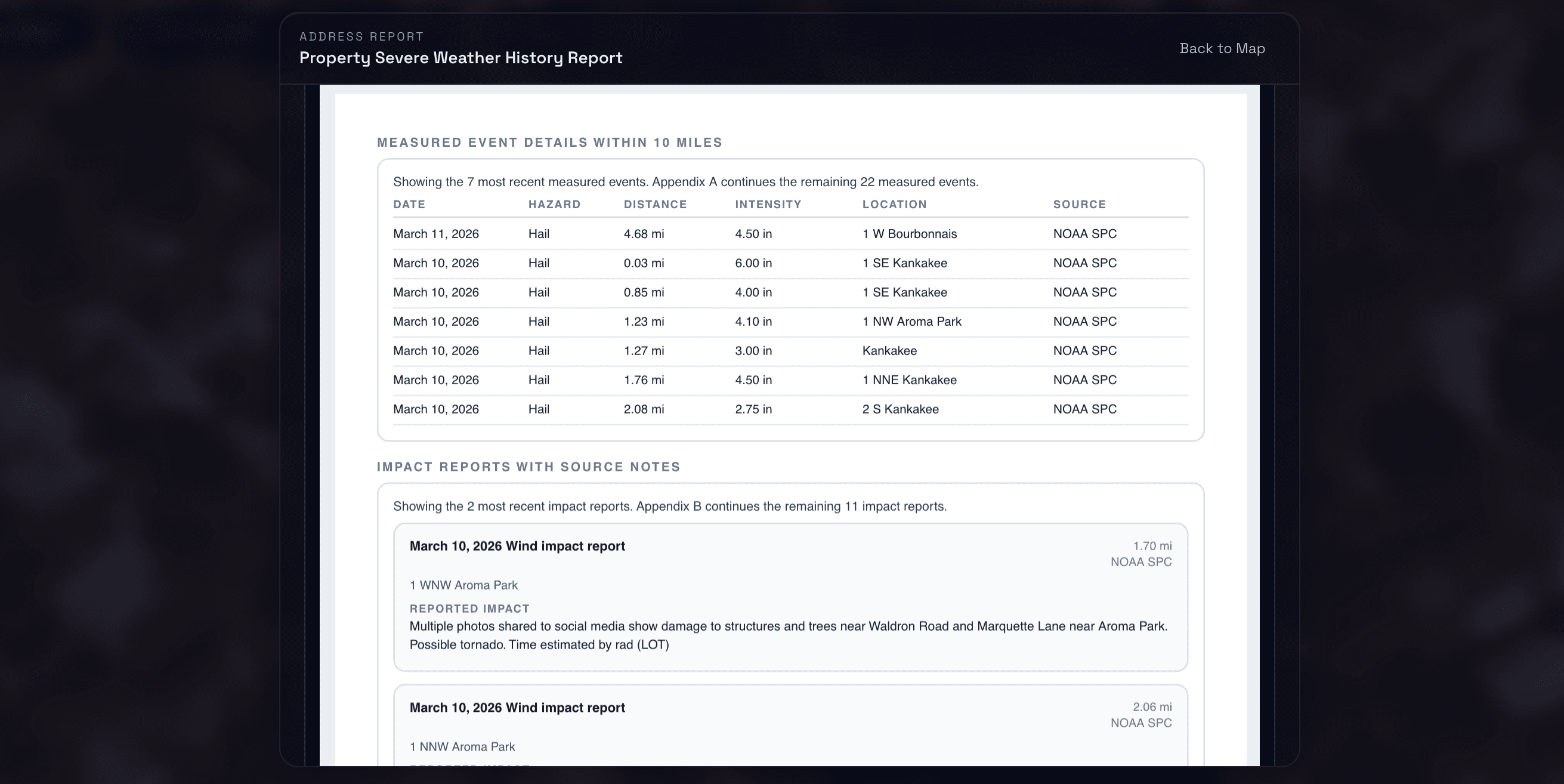 Hail Drive report preview showing source-backed storm proof and measured event details