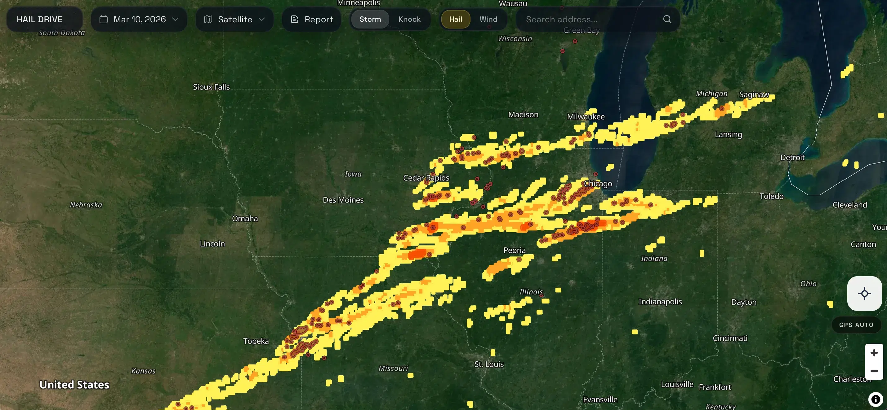 Hail Drive hail map showing the storm footprint