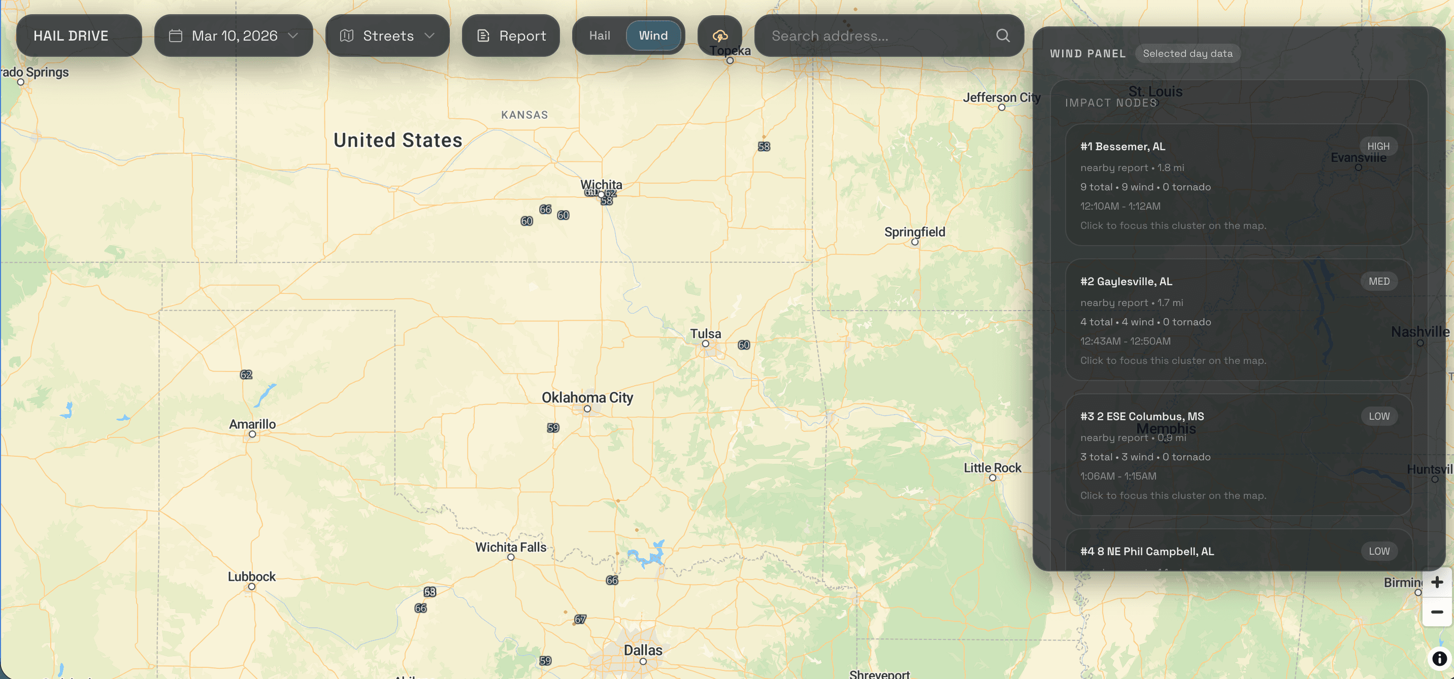 Hail Drive overview showing broader storm context with additional wind detail layers