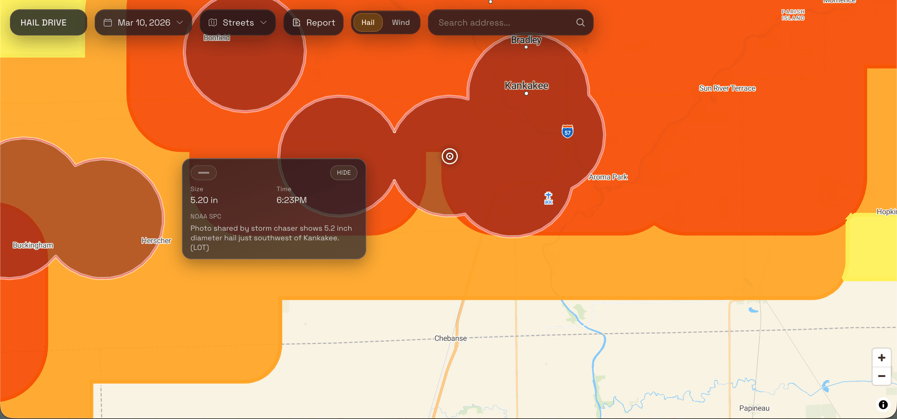 Hail Drive hail map showing hail swaths and report-backed pockets inside the footprint