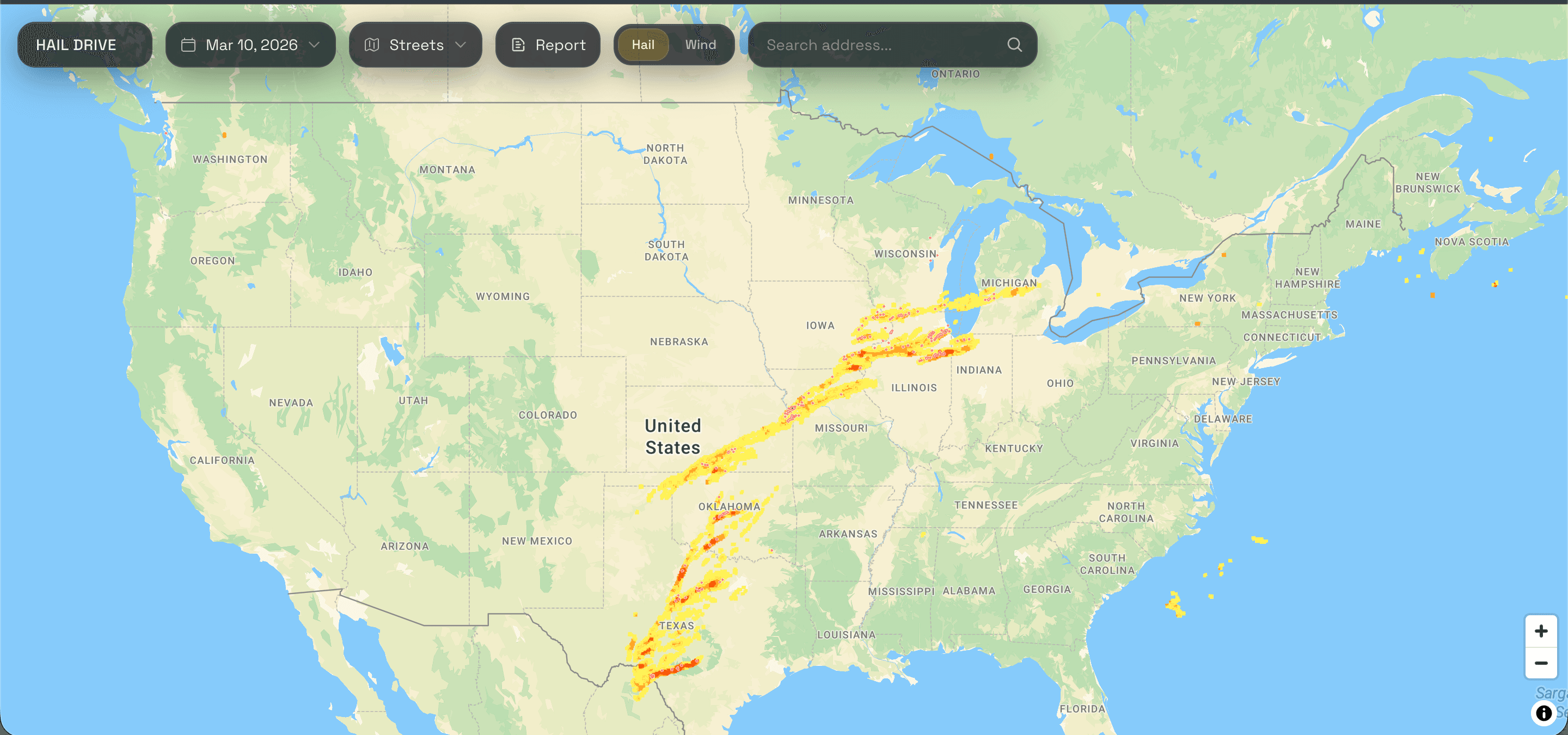 Hail Drive full map view showing the broader hail footprint across the United States