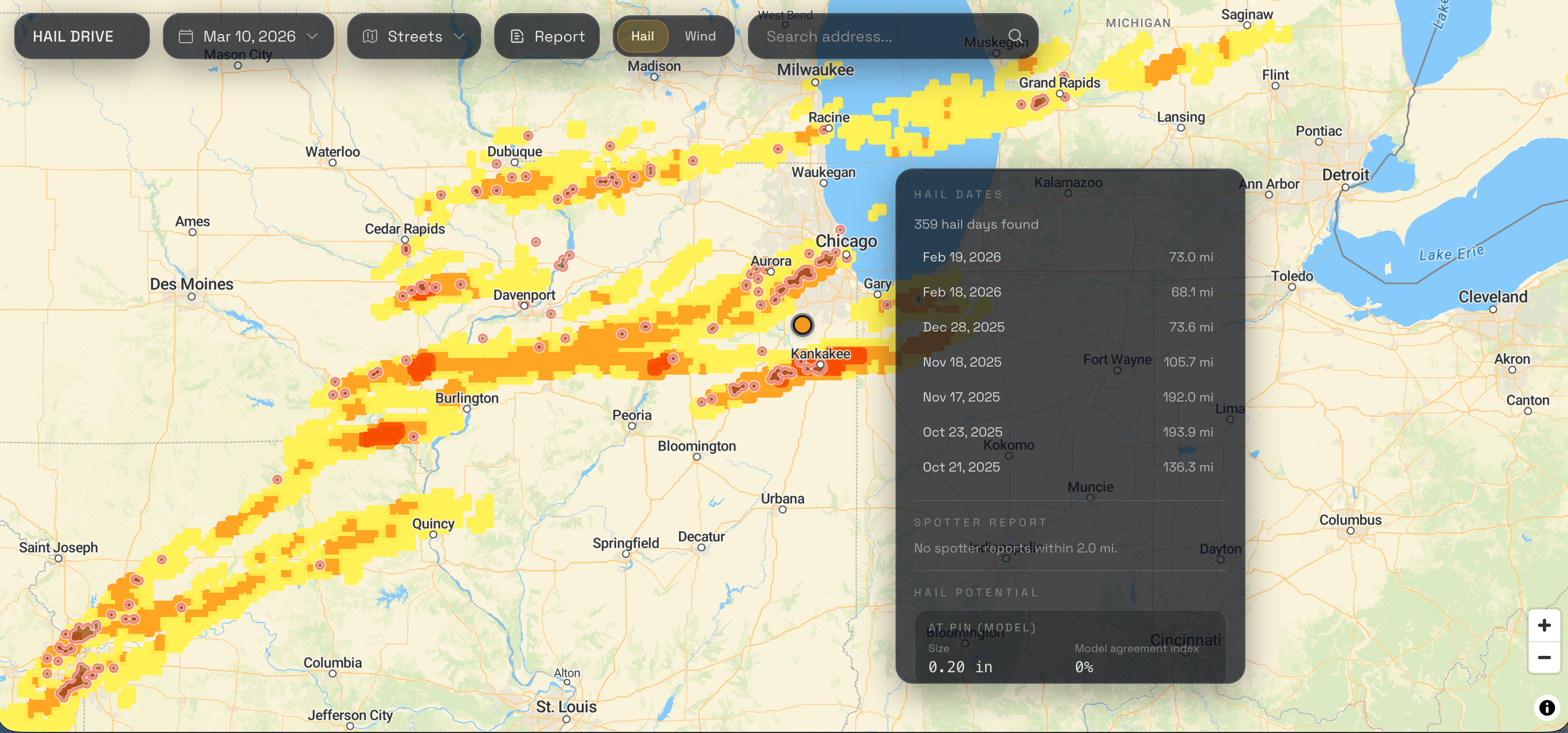 Hail Drive property history view showing nearby hail dates, spotter reports, and storm context