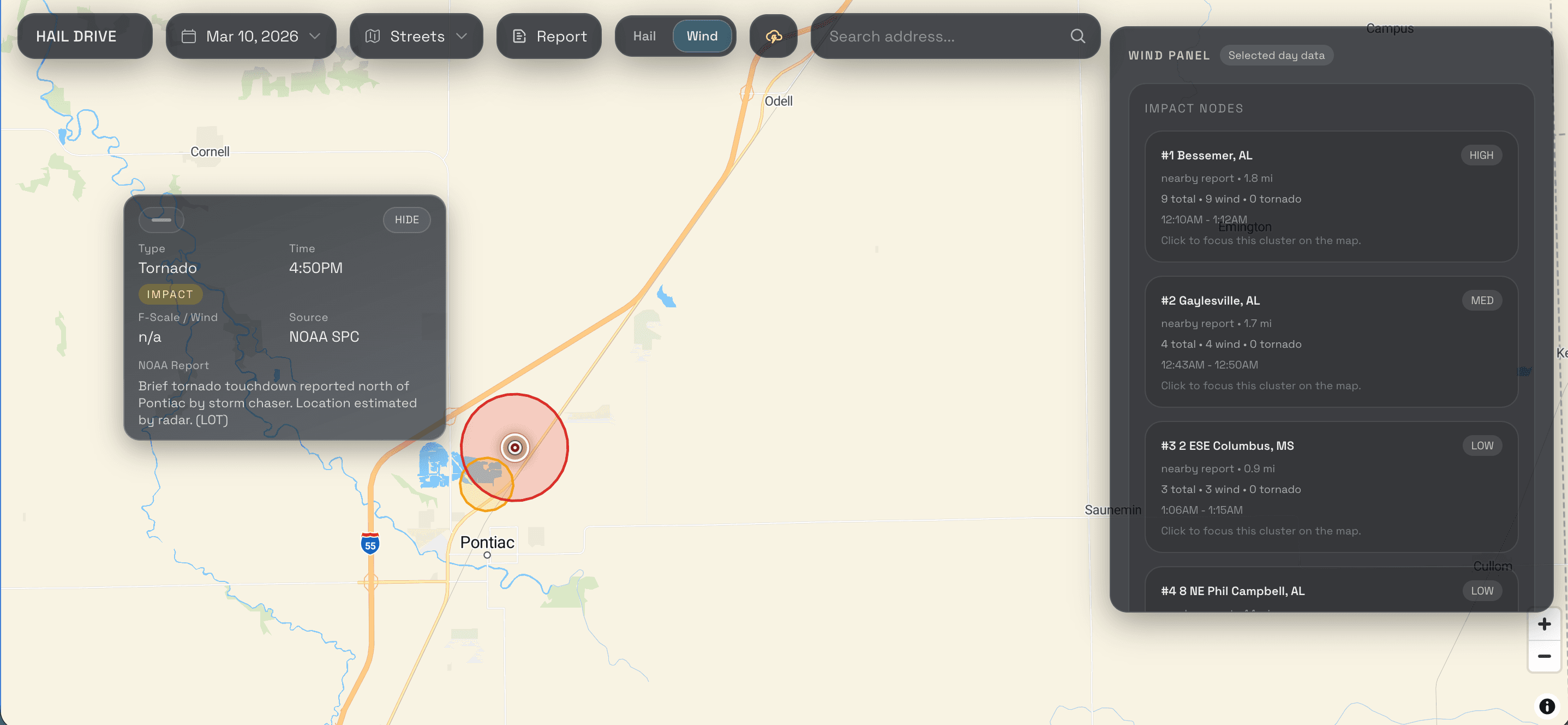 Hail Drive tornado view showing tornado and impact cores