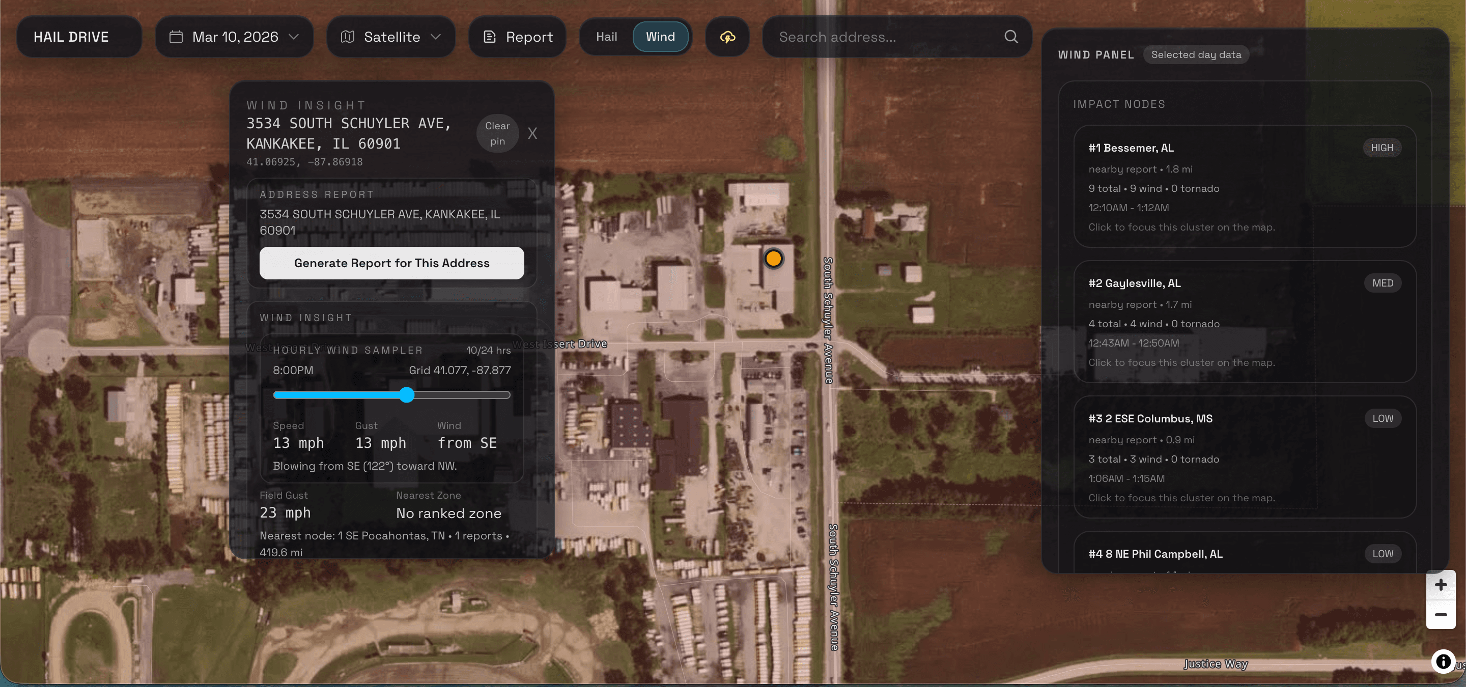Hail Drive wind insights showing address-level wind speed, gust, and direction details