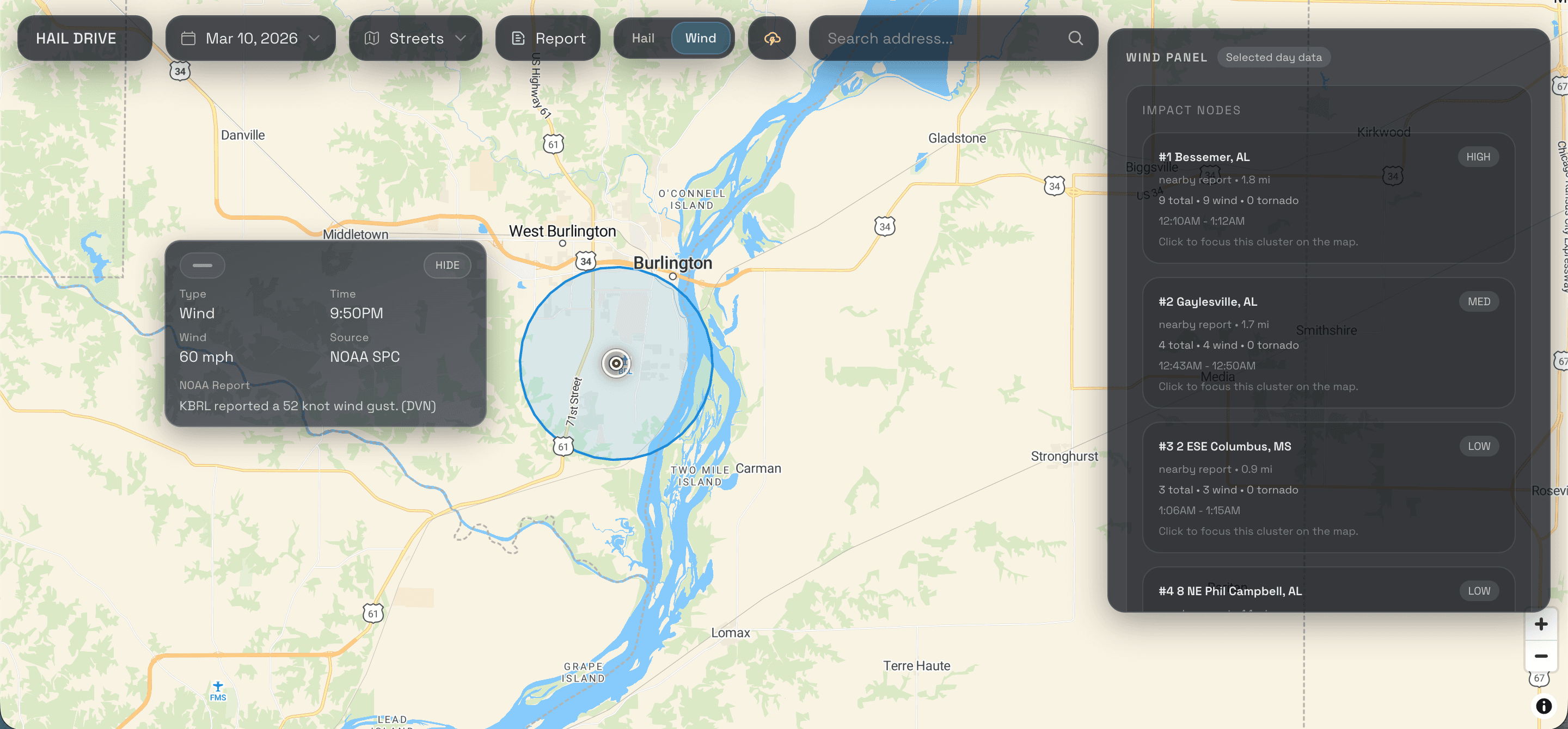Hail Drive wind mode showing a wind core around a reported event